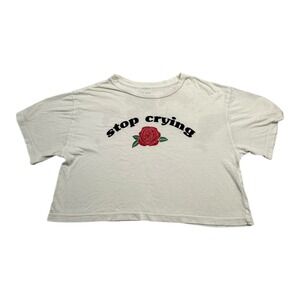 Desert Dreamer Stop Crying Rose‎ Cropped Graphic T Shirt Womens XS Cream Cotton